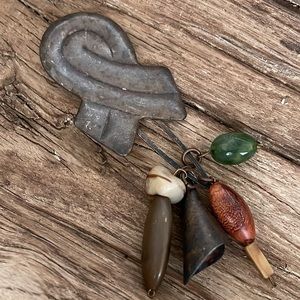 Vintage Kate Hines Artisan Brass Copper Gemstone & Wood Bead Brooch Pin